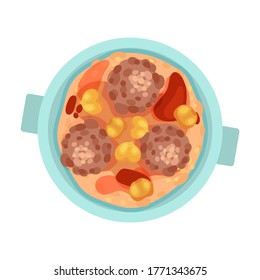 Meat Balls Rested in Vegetable Gravy Top View Vector Illustration