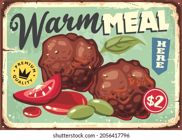 Meat balls vintage restaurant menu sign board. Delicious warm meal made from minced beef meat retro poster layout. Vector food illustration.