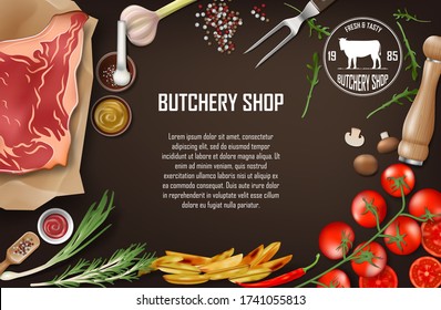 Meat Banner for restaurant or butcher shop. Fresh meat steak with tomatoes, potato wedges, sause, chili pepper, garlic and olive oil on dark background. Vector illustration