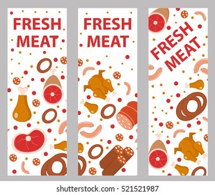 Meat banner set, flat style. Fresh meat vertical banner, board, flyer. Meat products, food. Vector illustration