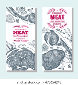 Meat banner set. Meat flyer collection.  Linear graphic. Vintage vector illustration.