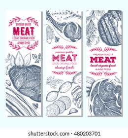 Meat banner set. Meat flyer collection. Linear graphic. Vintage vector illustration.