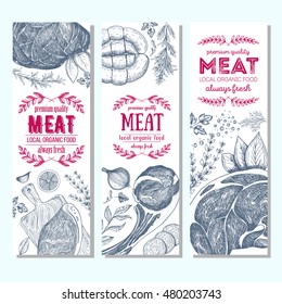 Meat banner set. Meat flyer collection. Linear graphic. Vintage vector illustration.