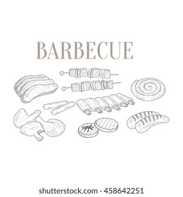 Meat For Barbecue Isolated Hand Drawn Realistic Sketches