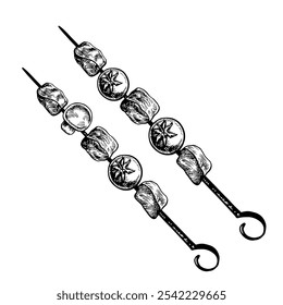 Meat for barbecue on a spit. Vector graphics depicting fried pieces of meat with vegetables. A black and white hand-drawn illustration of the dish. On a white background. For menus or labels.