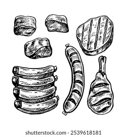 Meat for barbecue and picnic. Vector graphics with images of fried meat of various types. A black and white hand-drawn illustration. On a white background. For a menu, poster or label, cooking recipes