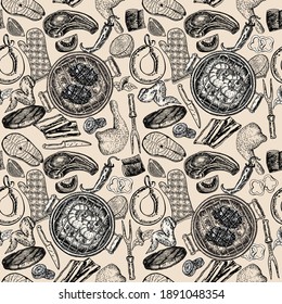 Meat barbecue seamless pattern with elements of sausage, a stake, sausages, shish kebabs, chickens. Set Fish steak, Meat tongs, Steak meat in frying pan and vegetables on seamless pattern. Vector