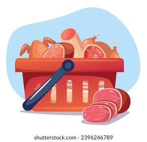 Meat basket food shop supermarket store market concept. Vector flat graphic design illustration