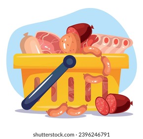 Meat basket food shop supermarket store market concept. Vector flat graphic design illustration