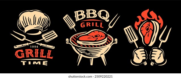 Carne churrasco restaurante logotipos definir conceito, ilustração vetorial. Churrasco e grelhar rótulos, emblemas e emblemas de alimentos