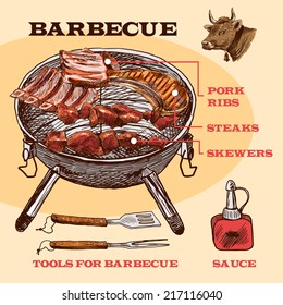Meat bbq set sketch infographic with pork ribs and steaks vector illustration