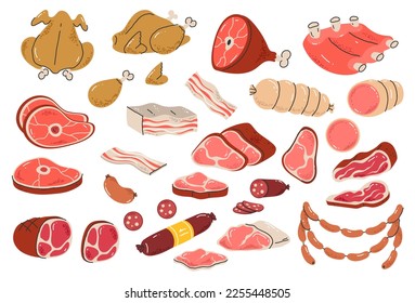 Meat beef chicken vector food illustration sausage cartoon raw chopped barbecue ingredient concept set. Vector design graphic illustration
