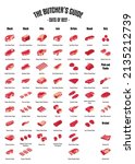 Meat and Beef cuts. Diagrams for butcher shop. Scheme of beef. Vector illustration. Beef butcher's guide. Used for cooking steak and roast - t-bone, rib eye, porterhouse, tomahawk, etc.