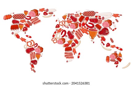 Carne, carne y salchichas de cerdo vector mapa mundial de alimentos de carne. Apollo crudo y salchichas de pavo, jamón, rodajas de tocino y salami, filetes de barbacoa, patas de cordero y costillas de barbacoa, prosciutto y jamón delicatessen