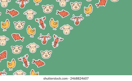 meat. beef. sheepmeat. pork. chicken. pattern. the poster. frame. vector. retro palette. on a colored background. place for the inscription. hand-drawn.