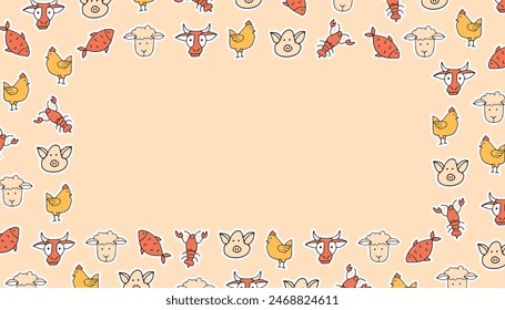 meat. beef. sheepmeat. pork. chicken. pattern. the poster. frame. vector. retro palette. on a colored background. place for the inscription. hand-drawn.