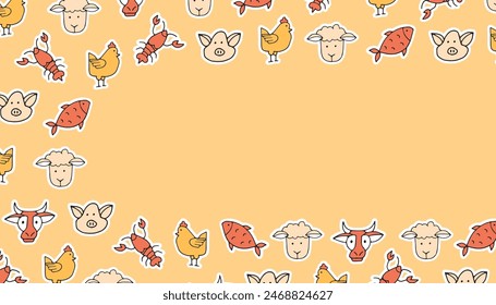 meat. beef. sheepmeat. pork. chicken. pattern. the poster. frame. vector. retro palette. on a colored background. place for the inscription. hand-drawn.