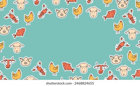 meat. beef. sheepmeat. pork. chicken. pattern. the poster. frame. vector. retro palette. on a colored background. place for the inscription. hand-drawn.