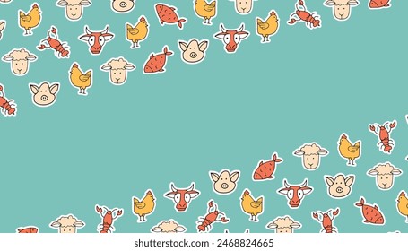 meat. beef. sheepmeat. pork. chicken. pattern. the poster. frame. vector. retro palette. on a colored background. place for the inscription. hand-drawn.