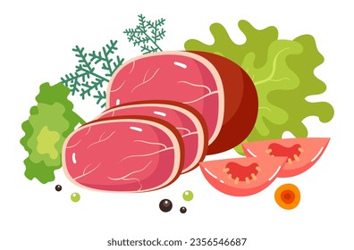 Meat beef slice food bacon with vegetables concept. Vector flat graphic design illustration
