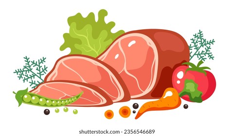 Meat beef slice food bacon with vegetables concept. Vector flat graphic design illustration
