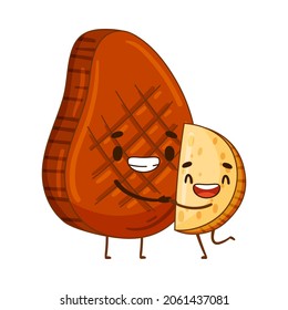 Meat beef steak and potato characters holding by hands. Perfect couple, friends forever cartoon vector illustration