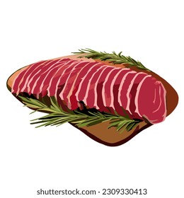 Meat, Beef, wooden cutting board, rosemary leaves, Shabu, Grilled, Hotpot, BBQ, steak, grill, pork, burger, Steak house, Farm-fresh, sliced beef, food, food draw, Pho, Nabe, noodle, dinner, lamb, cook
