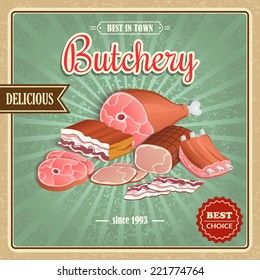 Meat Best Choice Delicious Retro Butchery Paper Poster Vector Illustration