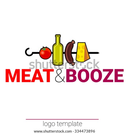 Meat and booze original logo design template for beer house, bar, pub, brewing company, brewery, tavern, taproom, alehouse, dram shop, restaurant, skewer