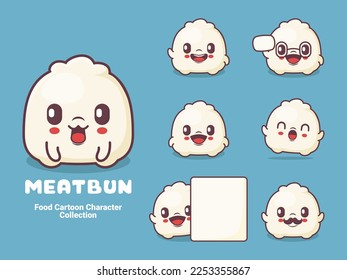 caricatura de un bollo de carne. ilustración vectorial de dimsum con expresiones diferentes