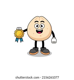 meat bun cartoon illustration with satisfaction guaranteed medal , character design