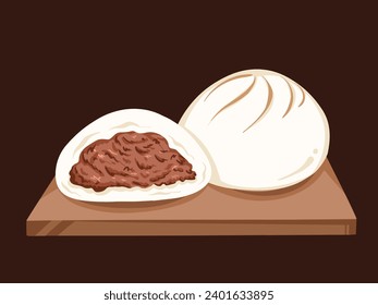 Fleischbun mit Hackfleisch/Faschiertem oder Schweinefleisch. gedünstetes Schweinefleisch gebacken bakpao bao zi chinese dim Summe, Vektorgrafik Lebensmittel einzeln auf horizontalem dunklem Hintergrund. Einfache Zeichnung einer flachen Karikatur.