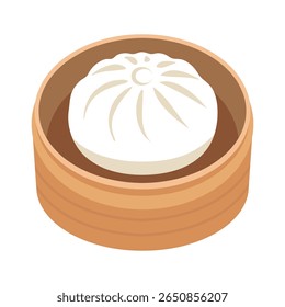 Meat buns, steamed stuffed buns, hot buns in steamer, vector illustration