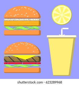 Meat burger, Fish burger, and Lemonade in flat style