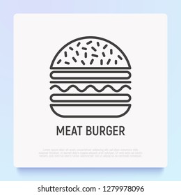 Meat burger thin line icon. Modern vector illustration of fast food.