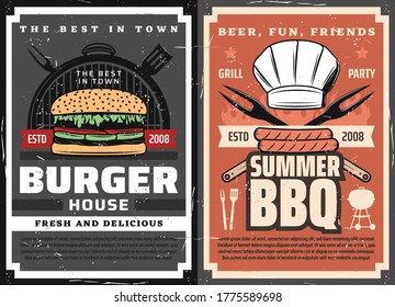 Meat burgers and BBQ posters, grill food party, vector barbecue steaks and sausages. Summer BBQ charcoal meat steaks, sausages and burgers, toque hat, knife, fork and spatula and knives on fire flame