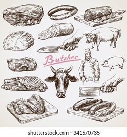 Meat, butcher. Hand drawn vector illustration