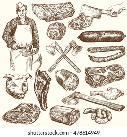 Meat, butcher. Hand drawn vector illustration