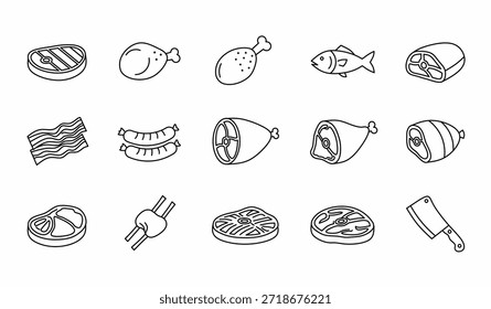 Conjunto de iconos de carne y carnicería, que incluye carne de res, pierna de pollo, pescado entero, jamón de cerdo, tiras de tocino, salchichas, carne a la parrilla y cuchillo de cuchillo