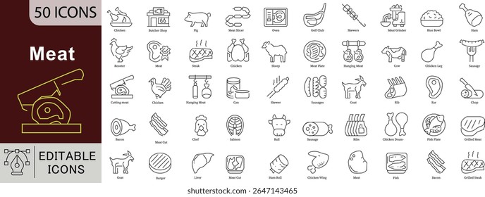 Conjunto de ícones de linha de carnes do açougueiro - 50 símbolos vetoriais editáveis para projetos de design culinário da cozinha do restaurante