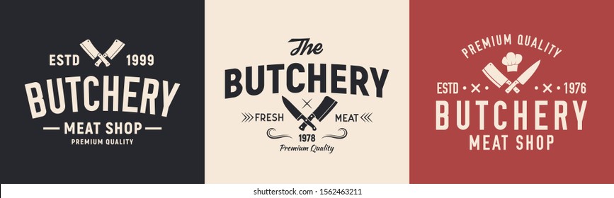 Meat, butcher logo. Logo for butchery, meat shop with knives. Typography Butchery, Meat shop, Restaurant. Vector logo, sticker, poster template for restaurant, meat shop, grocery store, steak house.