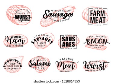 Meat and butcher shop grocery products lettering sketch. Vector calligraphy gourmet meaty delicatessen gastronomy, pork bacon, ham or salami wurst sausages, smoked beef brisket and jamon