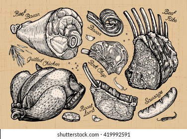 meat, butcher shop. hand drawn sketches of food. vector illustration