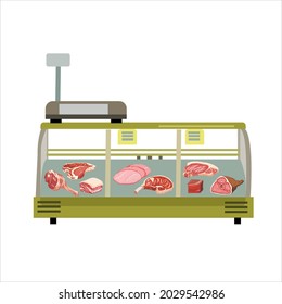 Meat Butcher Shop Interior Images. Showcase Meat Products In Flat Style Element.