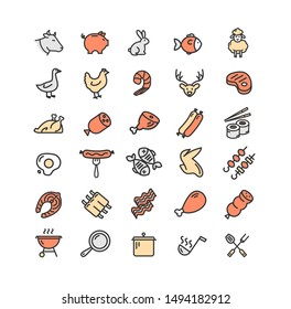 Meat Butchery Color Thin Line Icon Set Include of Beef, Pork and Chicken. Vector illustration of Icons