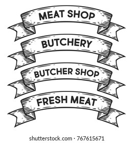 Meat, butchery shop, fresh meat badge emblem ribbon. Monochrome set vintage engraving sign isolated. Sketch hand drawn illustration retro style.