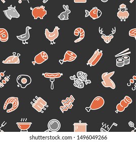 Meat Butchery Signs Thin Line Seamless Pattern Background on a Black for Shop, Store and Restaurant. Vector illustration