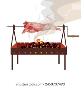 Meat carcass fried on the grill brazier. Charcoal spit roaster with rotisserie. Frying equipment for meat processing. Vector illustration isolated on white background