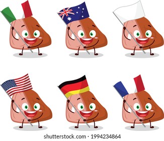 Fleischkartoon-Charakter bringt die Flaggen verschiedener Länder. Vektorgrafik