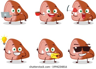 Meat cartoon character with various types of business emoticons. Vector illustration